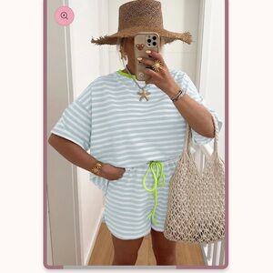 Striped Two-Piece Lounge Set in Light Blue & White with Neon Accent
